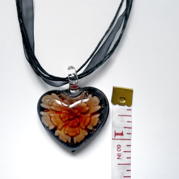 Blown Glass Heart with Orange Flower Medallion Black Cord and Lace Necklace - Picture 7 of 7